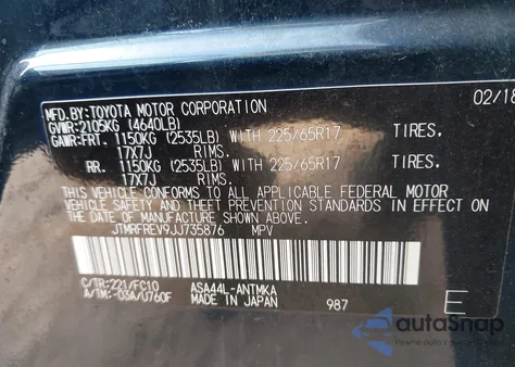 2018 Toyota Rav4 Xle из США, поврежденный, VIN JTMRFREV9JJ735876